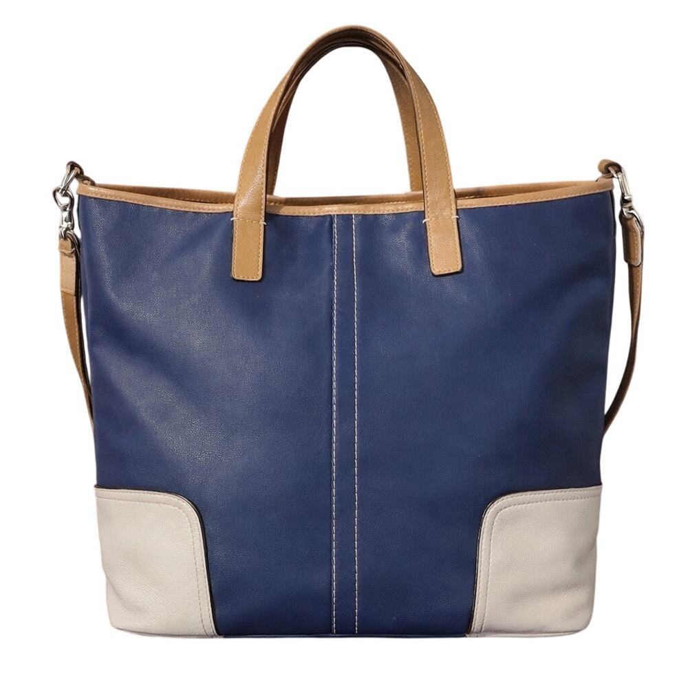 Coach Leather Colorblock Tote Bag Navy Cream Tan Shoulder Bag Large